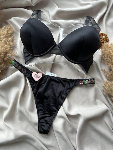 Комплект бюстгальтер на косточках + трусики стринги 6232 Beisdanna черный 85B/XL 1322 фото